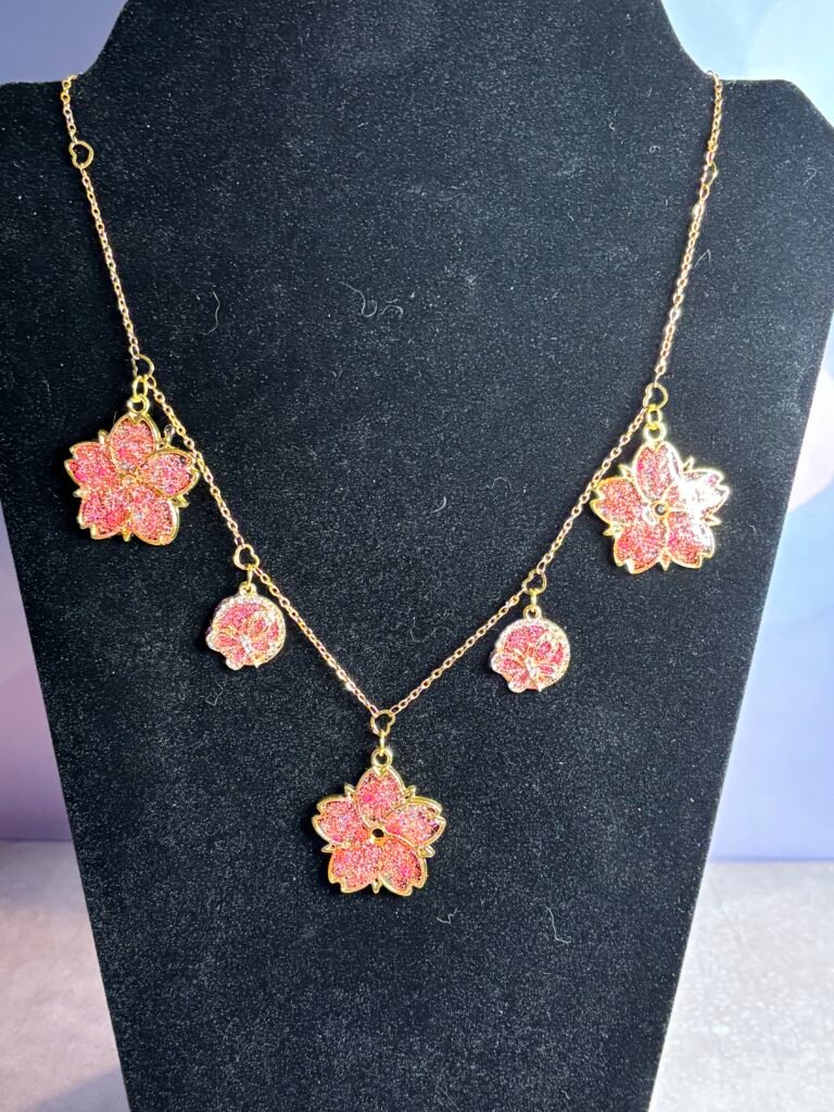 Pink sakura blossom charms mixed with pink butterfly charms with rhinestone accents